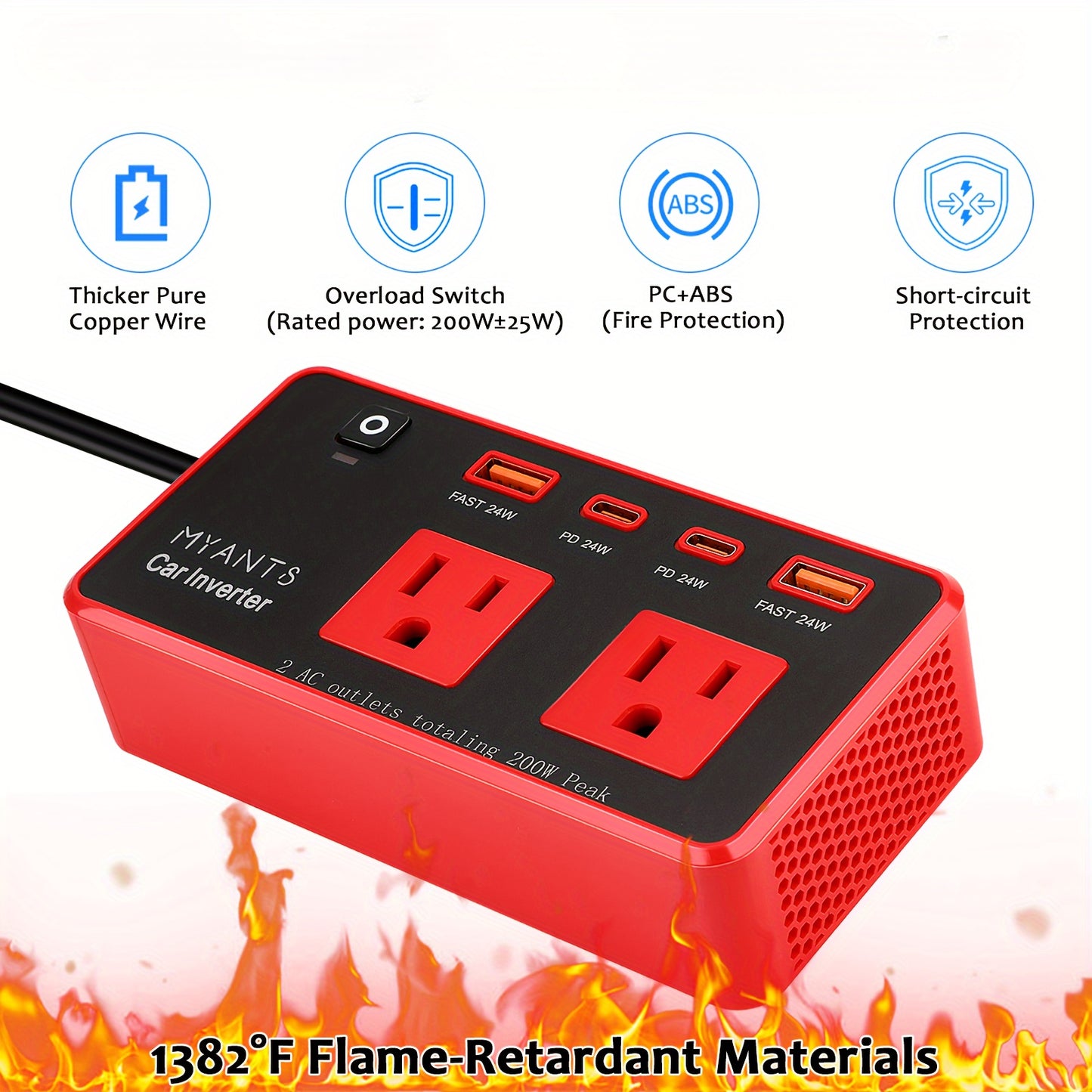200W Car Power Inverter with 4 USB Ports, Fast Charger 12V DC to AC Converter, Type-C & QC 3.0 for Road Trips and Camping, No Battery Required, Red & Black Design, Car Charger Adapter