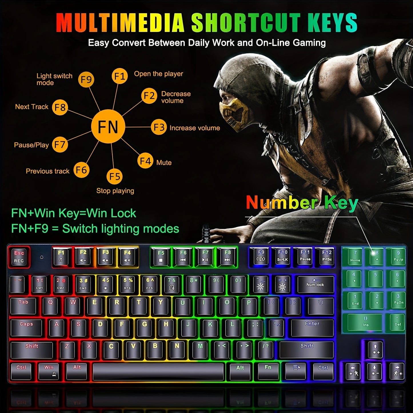 Mechanical Gaming Keyboard, Compact 89 Keys RGB Backlit Floating Mechanical Keyboard With Multimedia Keys And With Number Keys, Spill-Resistant For Windows PC Gamer-Black