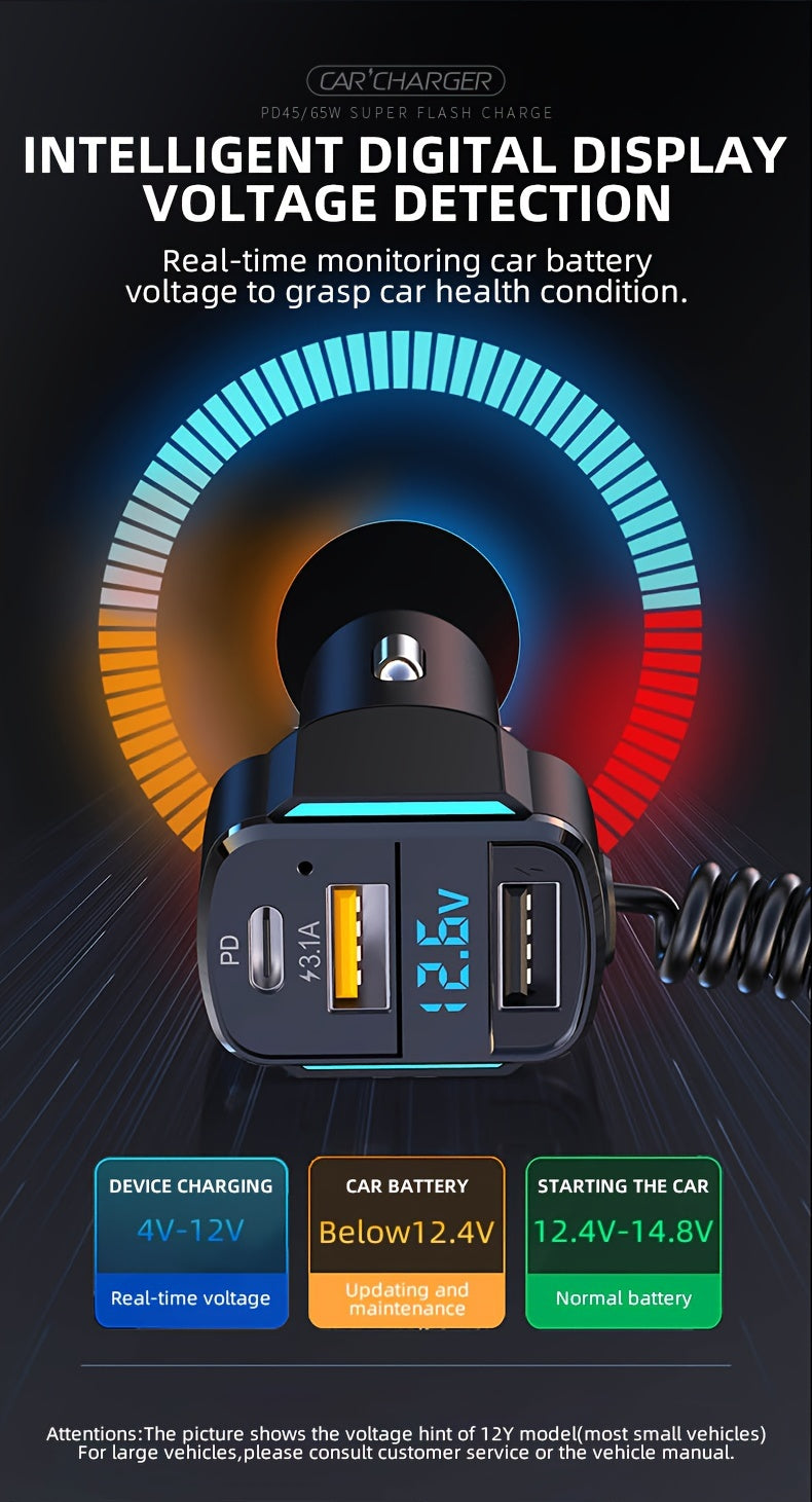 65W 3-port USB PD Fast Car Charger (K4) QC3.1 Type C 3-in-1 Car Charger 2 USB Charging Ports + 1 Type C Fast Charging Micro Usb Type C