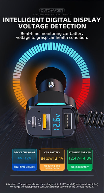65W 3-port USB PD Fast Car Charger (K4) QC3.1 Type C 3-in-1 Car Charger 2 USB Charging Ports + 1 Type C Fast Charging Micro Usb Type C