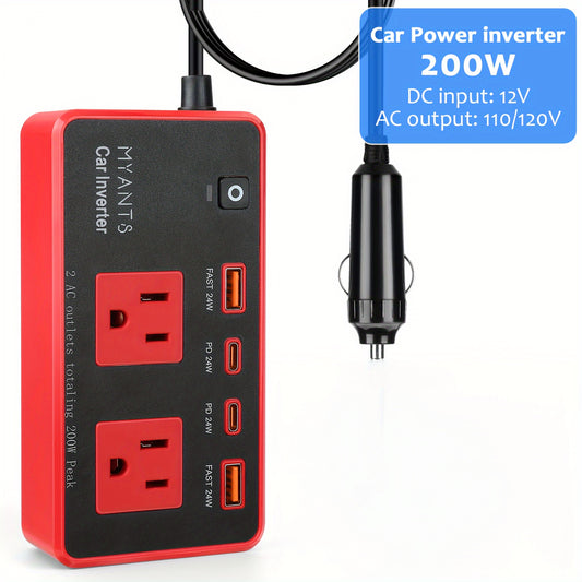 200W Car Power Inverter with 4 USB Ports, Fast Charger 12V DC to AC Converter, Type-C & QC 3.0 for Road Trips and Camping, No Battery Required, Red & Black Design, Car Charger Adapter