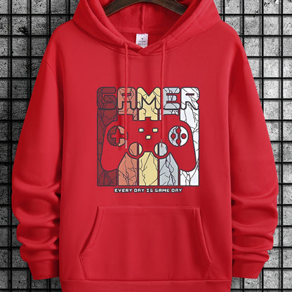 [Retro Gamer Hoodie] Cozy Brown Men's Retro Gamer Hoodie - Long Sleeve Sweatshirt with Drawstring Hood, Video Game Print, Fall/Winter Casual Wear
