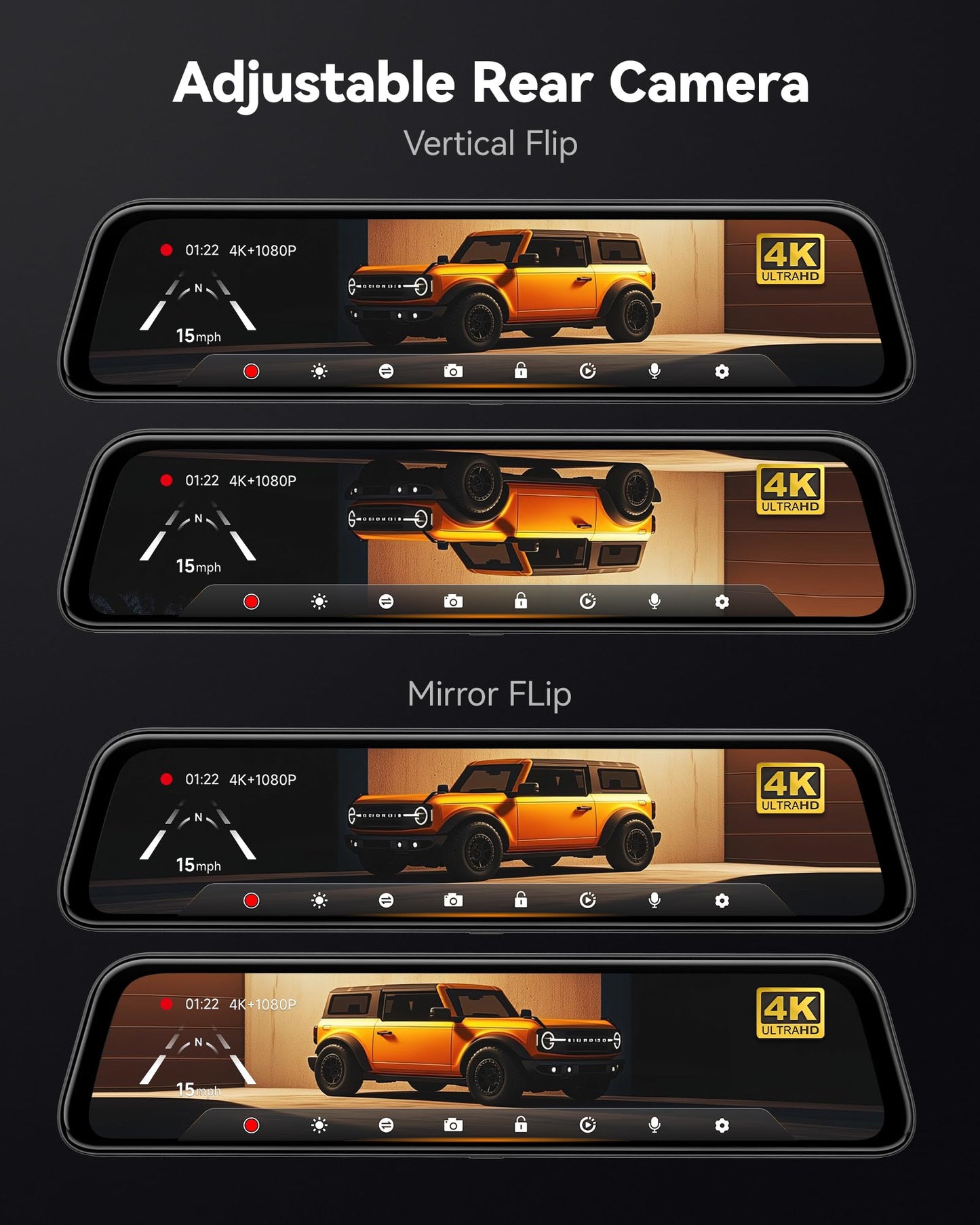 WOLFBOX G840S - Cámara de respaldo con espejo 4K de 12 pulgadas, espejo retrovisor inteligente WiFi de 5.8 GHz para automóviles y camiones, cámaras duales de visión frontal y trasera, visión nocturna