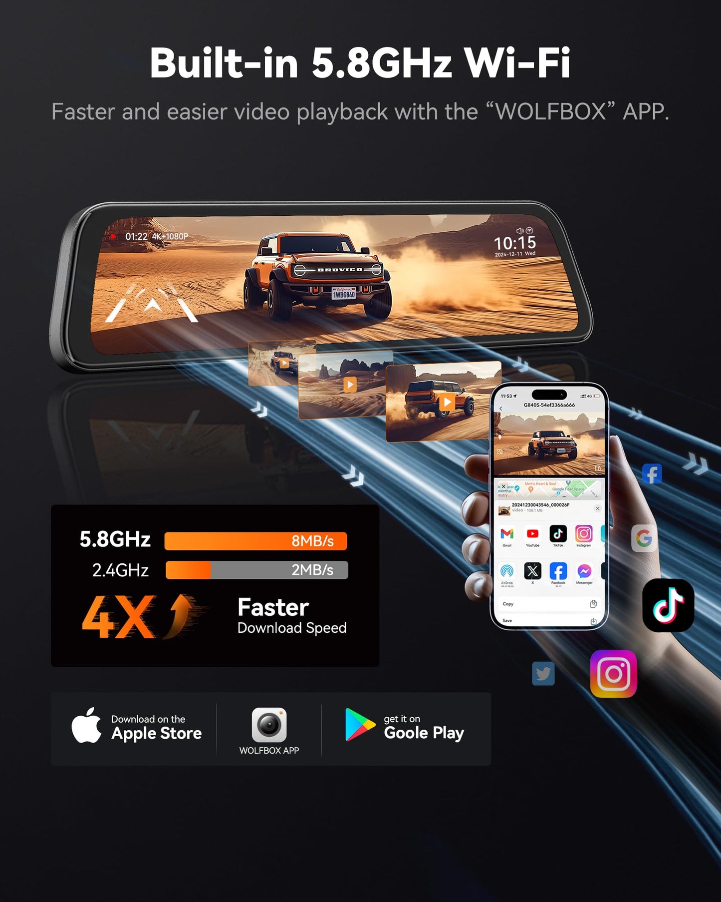 WOLFBOX G840S - Cámara de respaldo con espejo 4K de 12 pulgadas, espejo retrovisor inteligente WiFi de 5.8 GHz para automóviles y camiones, cámaras duales de visión frontal y trasera, visión nocturna