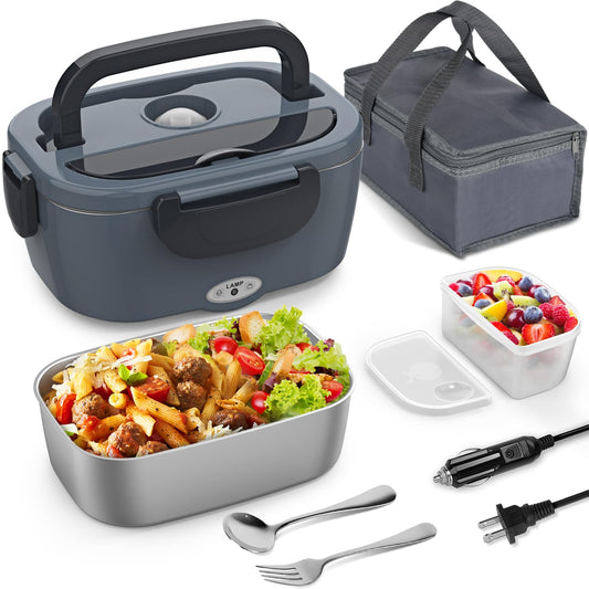 Vingud Fiambrera eléctrica, calentador de alimentos, 3 en 1 para el trabajo, coche, camión, fiambreras térmicas para adultos con recipiente de acero inoxidable de 1.5 L, 12 V, 24 V, 110 V (gris+negro)