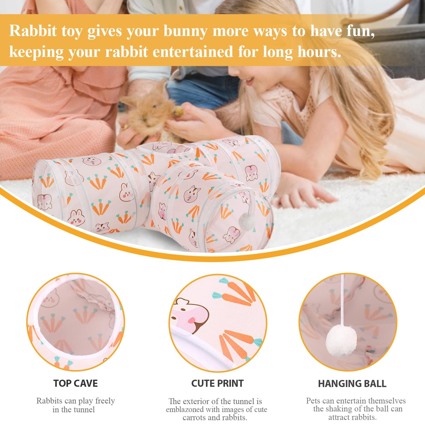 HERCOCCI Rabbit Toys, Bunny Tunnels & Tubes, Collapsible 3 Way Rabbit Hideout Tunnel with Chew Toys for Bunny Guinea Pig Ferret Kitten