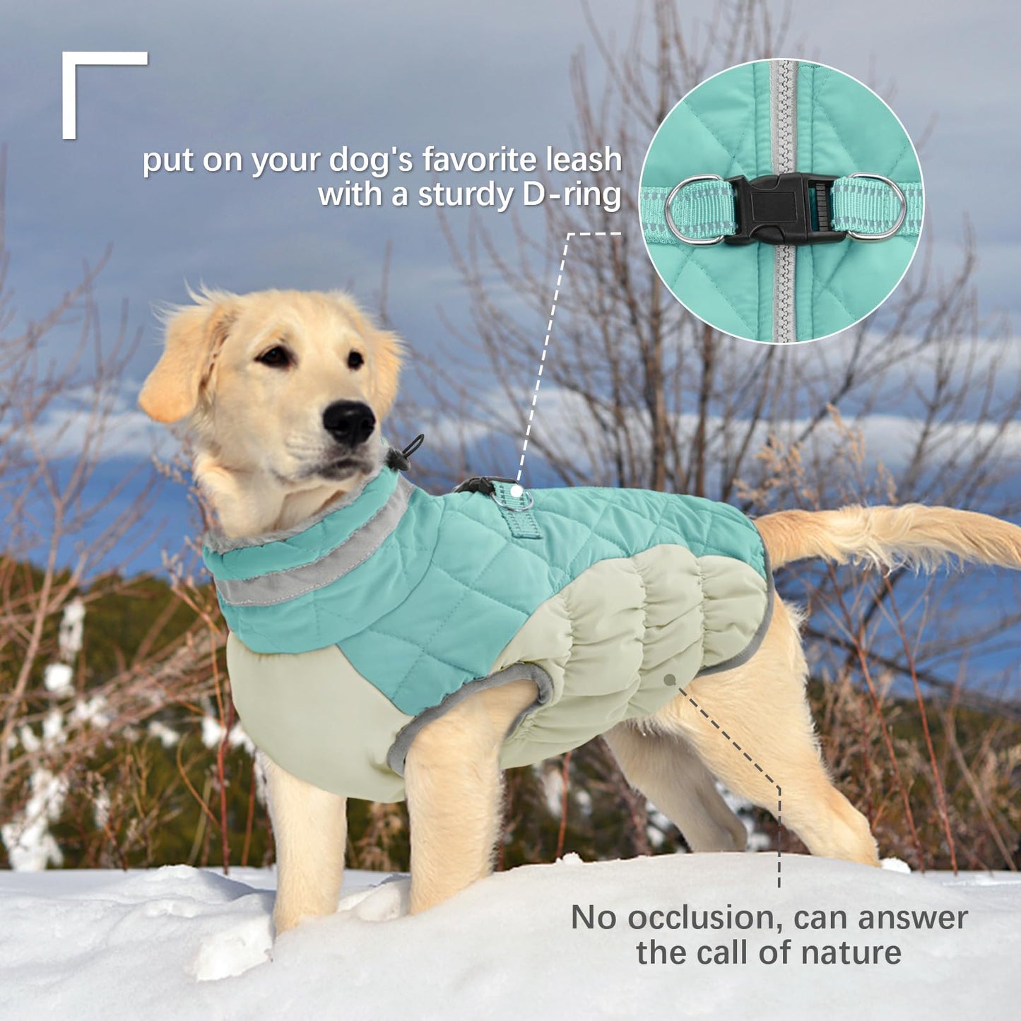 FUAMEY Dog Coat for Large Dogs,Waterproof Dog Winter Jacket with Harness Built in Puppy Cold Weather Coats Reflective Pet Vest with Zipper Warm Fleece Dogs Snowsuit Windproof Mint Green XXXL