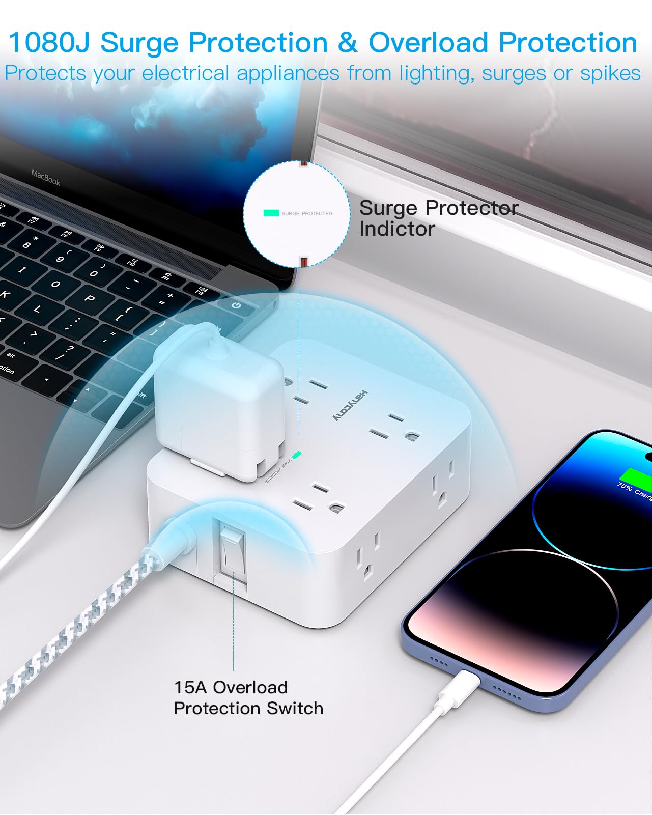 HANYCONY - Tira de alimentación con protector de sobretensiones – HANYCONY 8 tomas, 4 puertos de carga USB (2 USB C), extensor de salida múltiple, cable de extensión trenzado de 5 pies