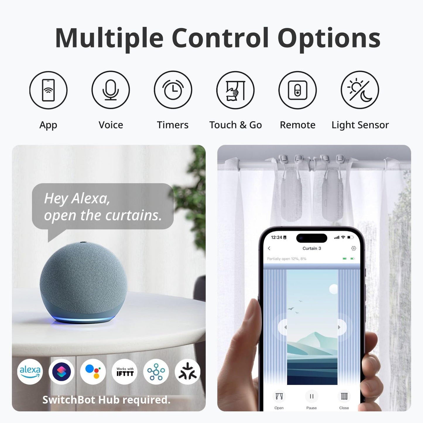 SwitchBot - Abrecortinas automático con control remoto Bluetooth y aplicación/temporizador, motor de alto rendimiento mejorado, funciona con con Alexa, Google Home, HomeKit (Curtain 3, cortinero)