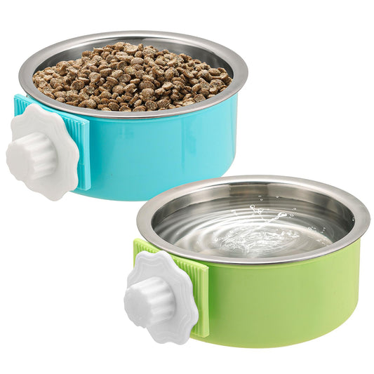 Mechpia 2 Pieces Crate Dog Bowl, Removable Stainless Steel Pet Kennel Hanging Food Water Feeder Bowl Cage Coop Cup for Puppy Medium Dog Cat Rabbit Ferret Bird (Blue,Green)