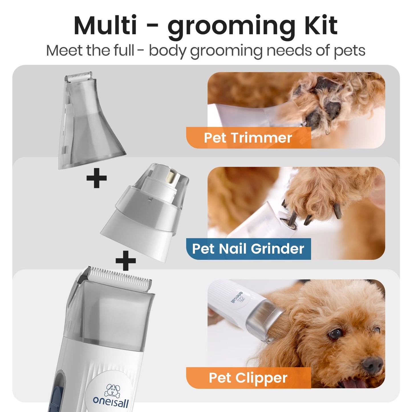 oneisall Aspiradora de aseo para perros, aspiradora de aseo de mascotas con molinillo de uñas, taza de polvo de 1.5 L, cepillo de vacío con 7 herramientas de aseo para mascotas para eliminar el pelo