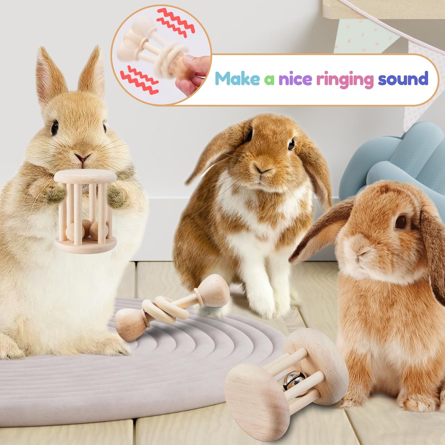 AOWPFVV 3 Pcs Wooden Bunny Toys - Safe Rabbit & Guinea Pigs Teeth Grinding Toys for Chinchillas, Hamsters & Small Animals - Indoor & Outdoor
