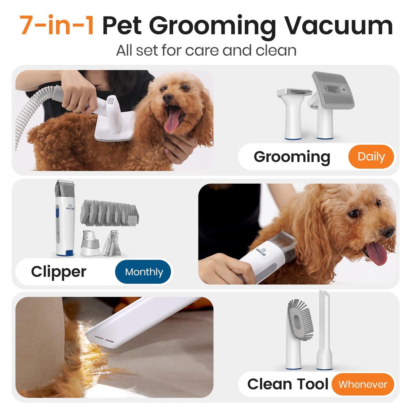 oneisall Aspiradora de aseo para perros, aspiradora de aseo de mascotas con molinillo de uñas, taza de polvo de 1.5 L, cepillo de vacío con 7 herramientas de aseo para mascotas para eliminar el pelo
