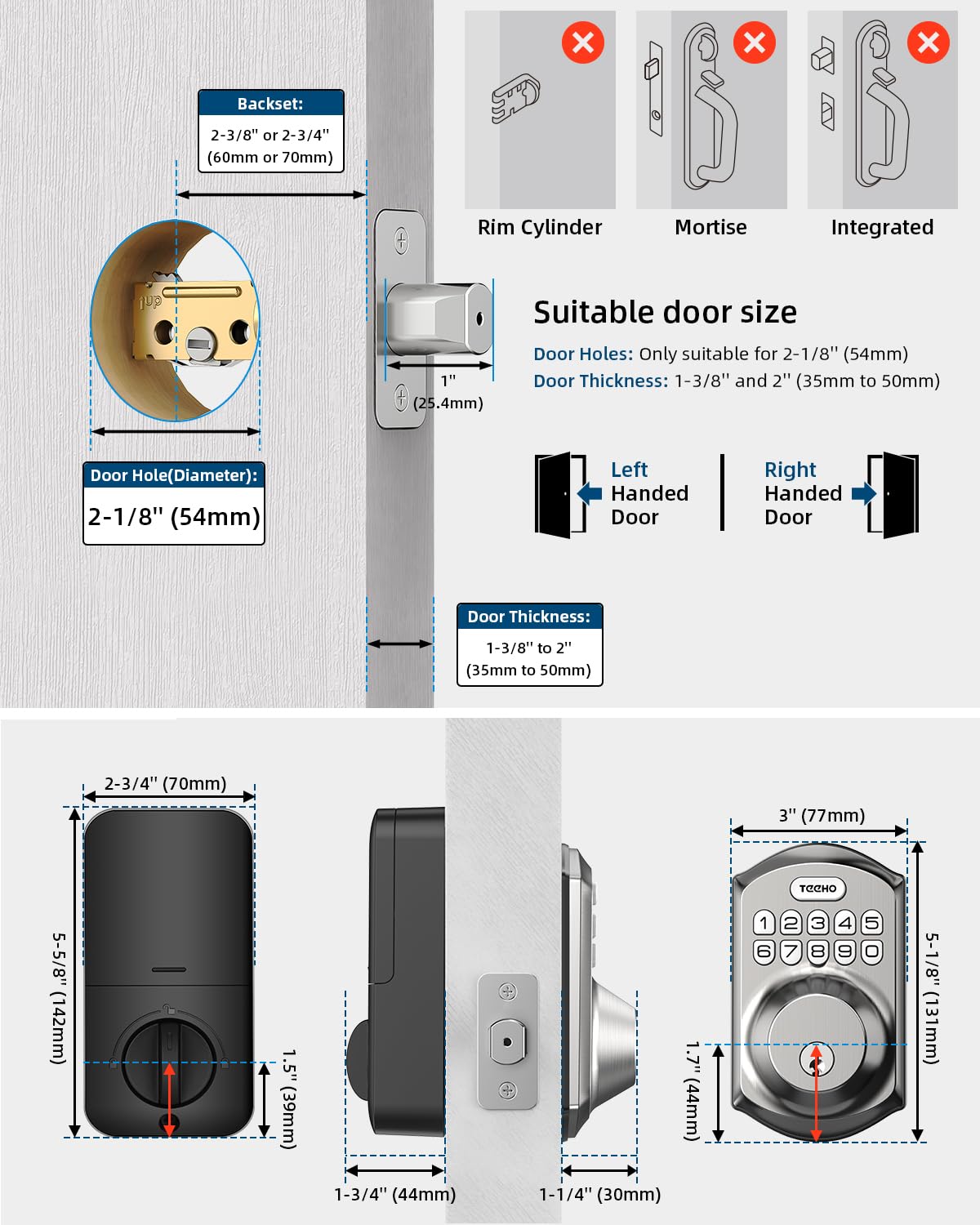 TEEHO TE001 - Cerradura inteligente para puerta de entrada, sin llave, con teclado, con 2 llaves, bloqueo automático, de fácil instalación, color níquel satinado