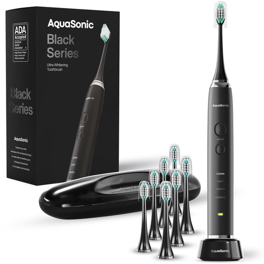 Cepillo de dientes AquaSonic Black Series, ultrablanqueador, 8 cabezales de cepillo DuPont y funda de viaje incluidos, motor ultrasónico de 40.000 VPM y carga inalámbrica, 4 modos con temporizador inteligente, cepillo de dientes eléctrico moderno