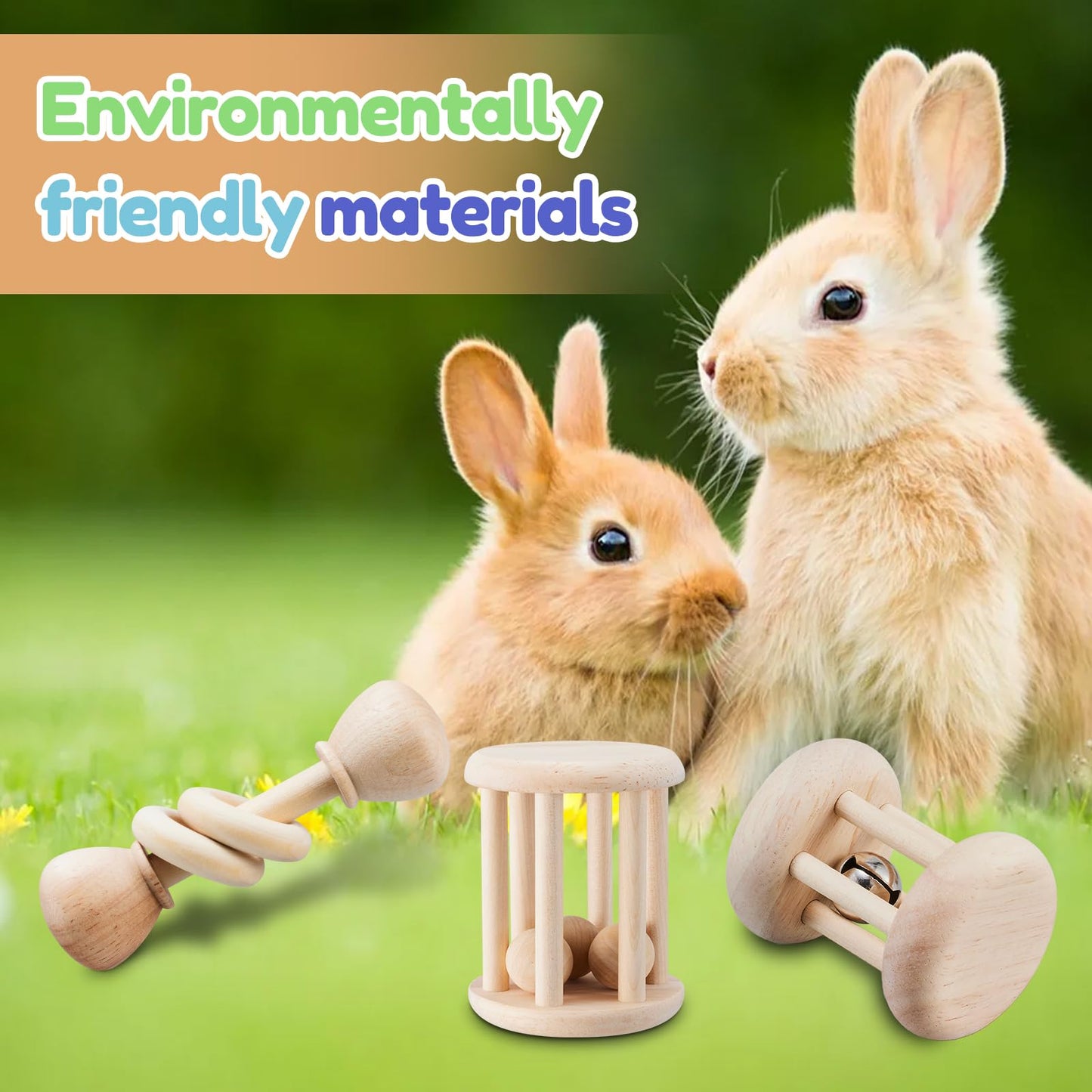 AOWPFVV 3 Pcs Wooden Bunny Toys - Safe Rabbit & Guinea Pigs Teeth Grinding Toys for Chinchillas, Hamsters & Small Animals - Indoor & Outdoor