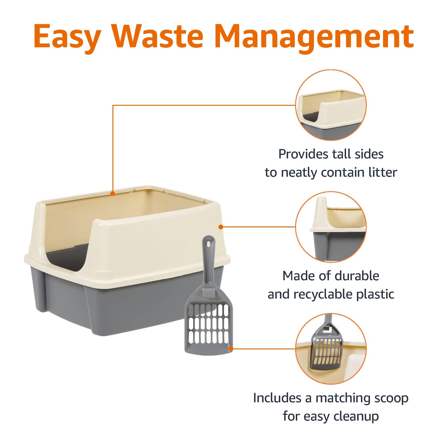 Amazon Basics Large Cat Litter Box with High Sides, Open Top, Includes Scoop, 19 x 15 x 11.75 inches, Grey/Beige