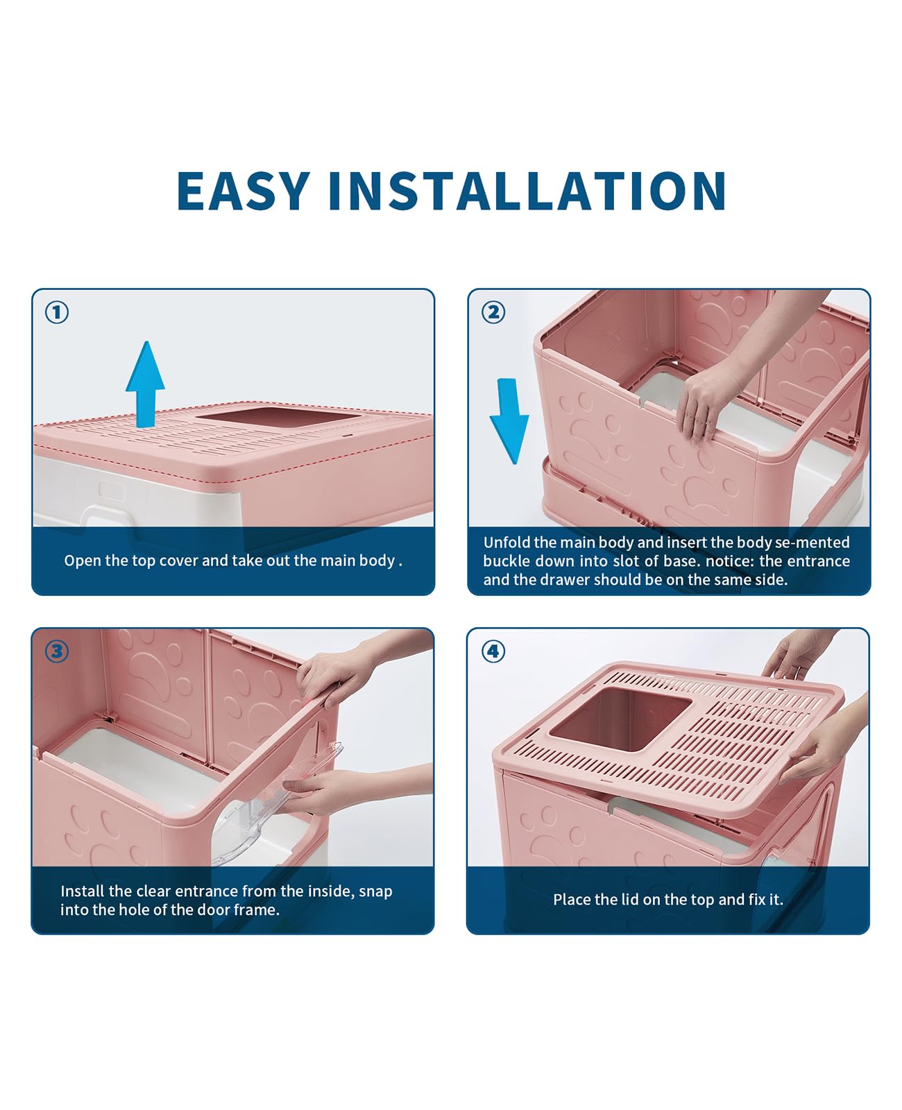 Medario Cat Litter Box with Litter Mat and Scoop, Large Foldable Litter Box with Lid, Front Entry Top Exit Kitty Box, Odor Control, Easy to Clean (Pink)
