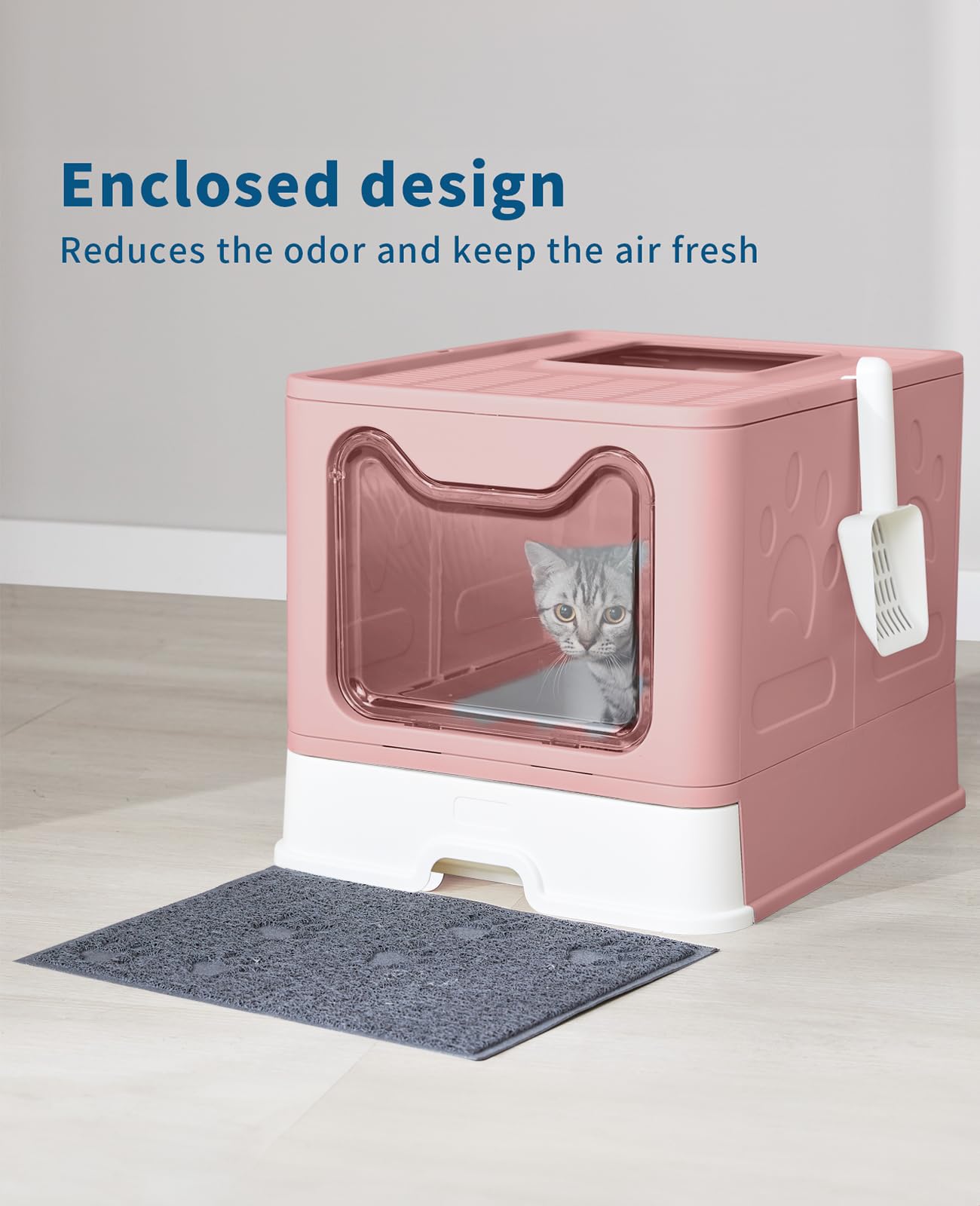 Medario Cat Litter Box with Litter Mat and Scoop, Large Foldable Litter Box with Lid, Front Entry Top Exit Kitty Box, Odor Control, Easy to Clean (Pink)