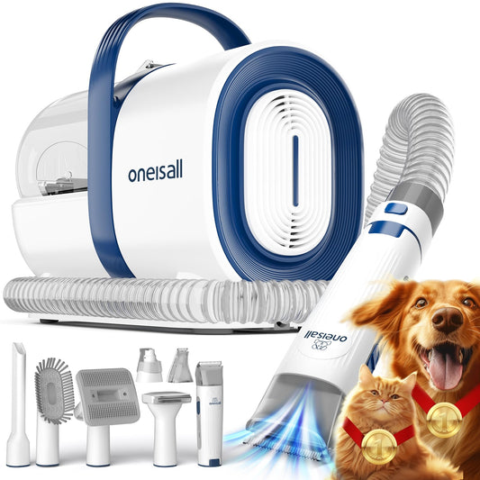 oneisall Aspiradora de aseo para perros, aspiradora de aseo de mascotas con molinillo de uñas, taza de polvo de 1.5 L, cepillo de vacío con 7 herramientas de aseo para mascotas para eliminar el pelo