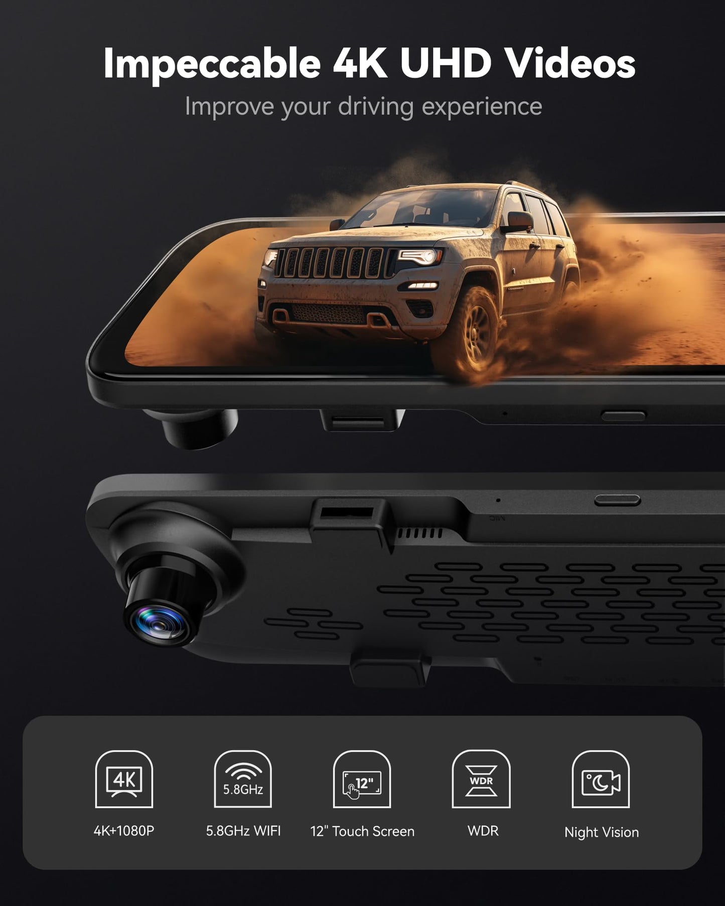 WOLFBOX G840S - Cámara de respaldo con espejo 4K de 12 pulgadas, espejo retrovisor inteligente WiFi de 5.8 GHz para automóviles y camiones, cámaras duales de visión frontal y trasera, visión nocturna