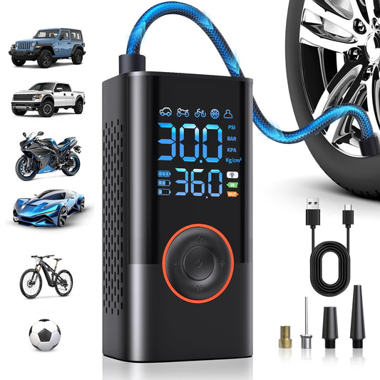 Inflador de neumáticos, compresor de aire portátil, inalámbrico, mini bomba de aire con medidor de presión digital, inflado rápido de 150 PSI, función de inflado rápido y apagado automático