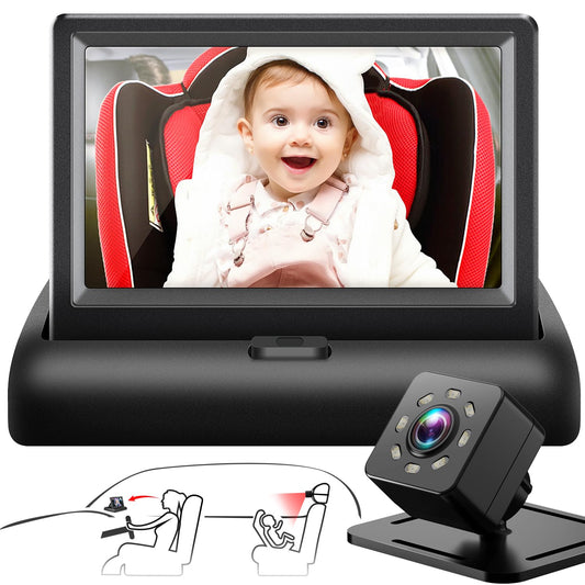 Espejo de coche para bebé con pantalla de función de visión nocturna HD de 4.3 pulgadas, cámara de seguridad para asiento de automóvil con amplia visión cristalina, observa fácilmente el movimiento