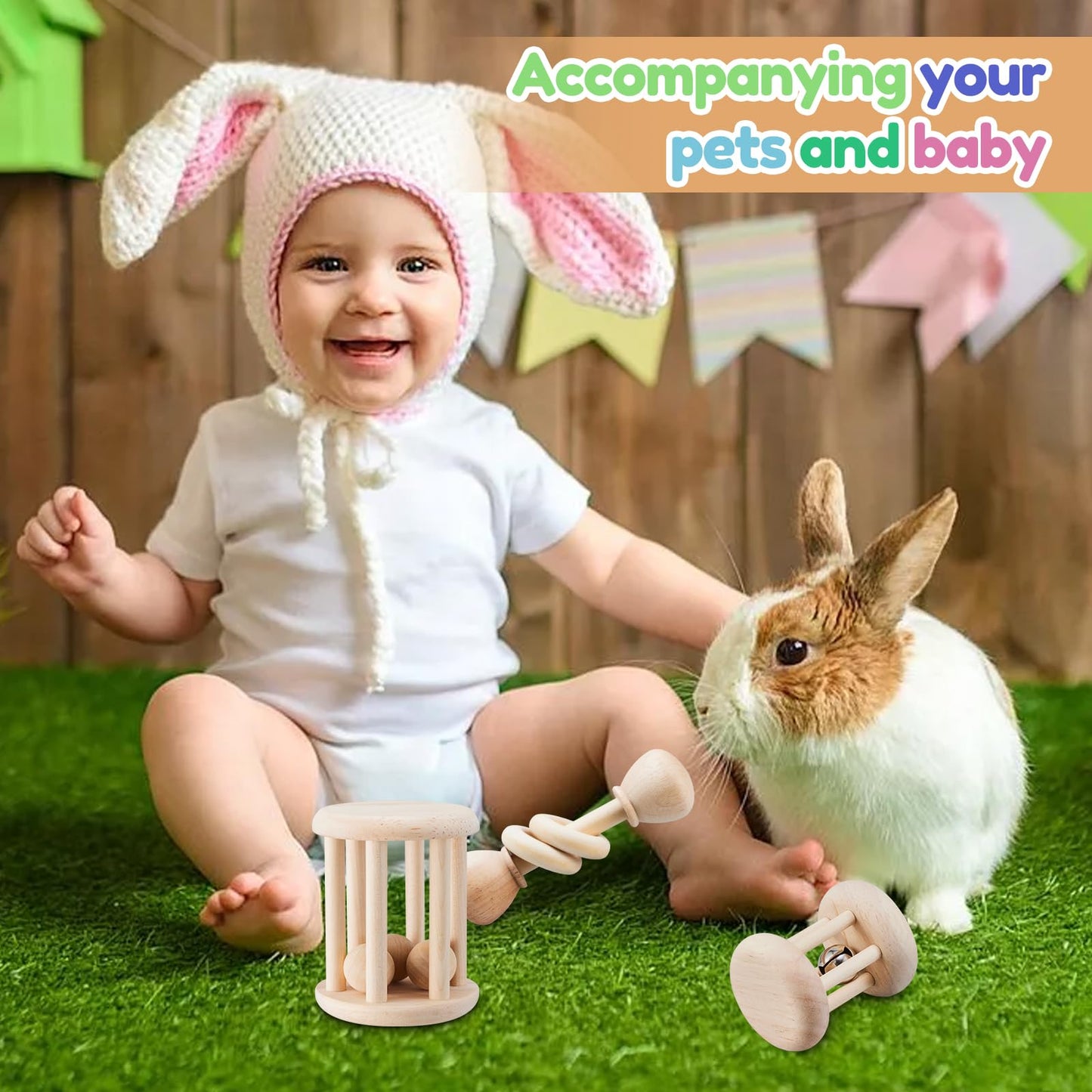 AOWPFVV 3 Pcs Wooden Bunny Toys - Safe Rabbit & Guinea Pigs Teeth Grinding Toys for Chinchillas, Hamsters & Small Animals - Indoor & Outdoor