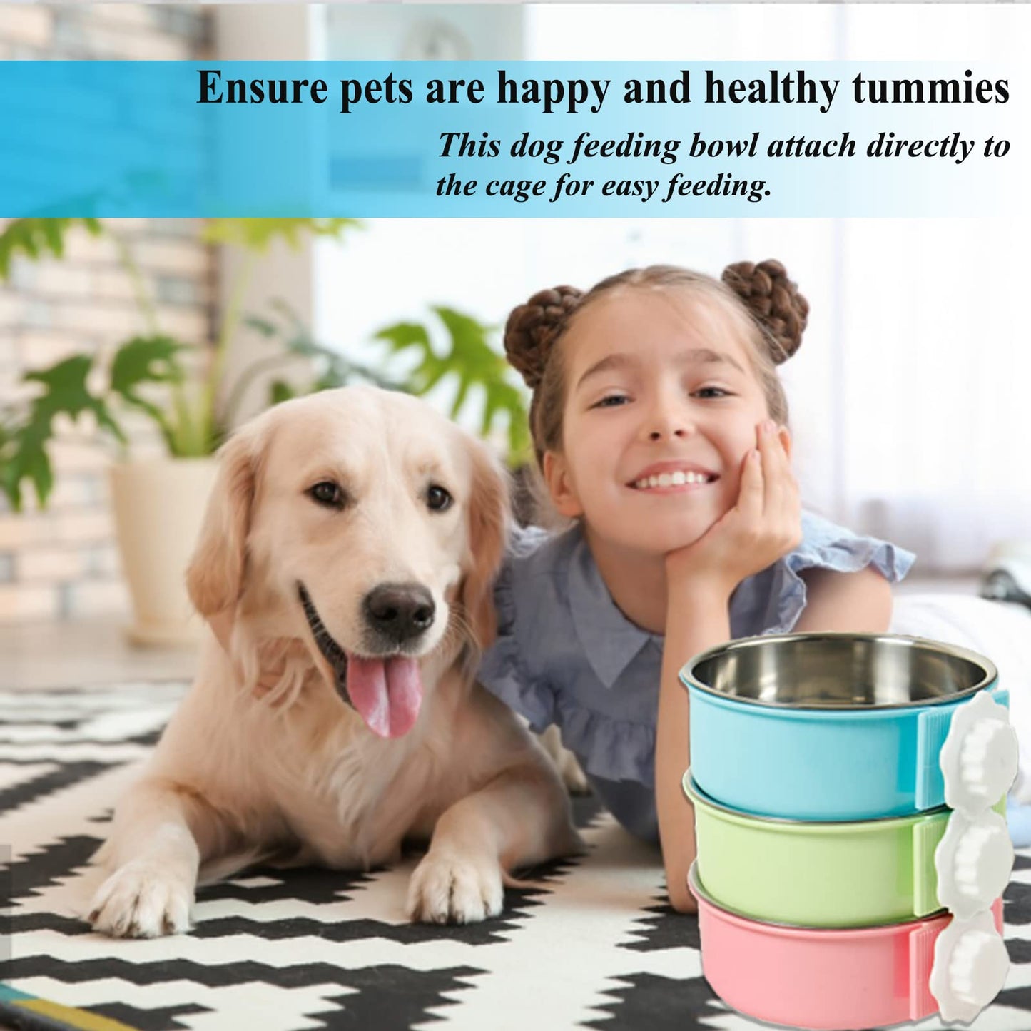 Mechpia 2 Pieces Crate Dog Bowl, Removable Stainless Steel Pet Kennel Hanging Food Water Feeder Bowl Cage Coop Cup for Puppy Medium Dog Cat Rabbit Ferret Bird (Blue,Green)