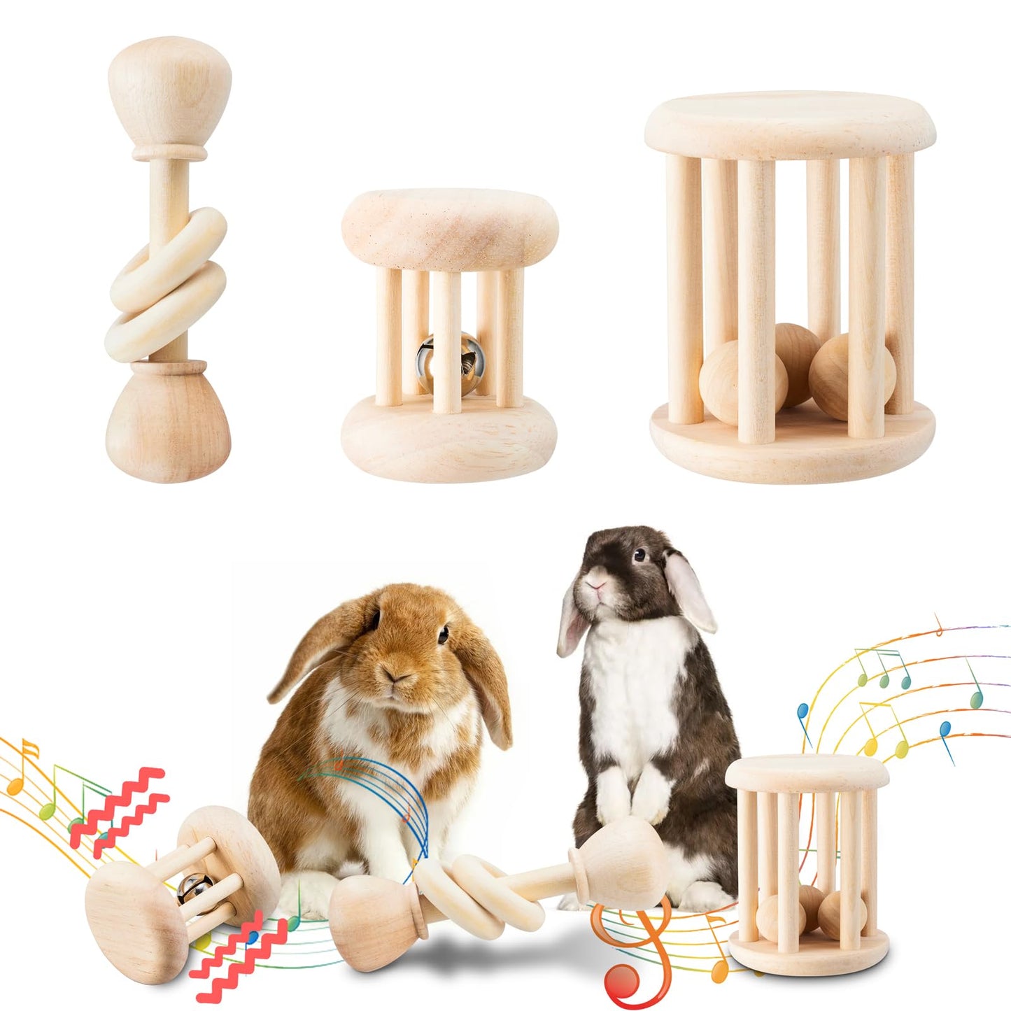 AOWPFVV 3 Pcs Wooden Bunny Toys - Safe Rabbit & Guinea Pigs Teeth Grinding Toys for Chinchillas, Hamsters & Small Animals - Indoor & Outdoor