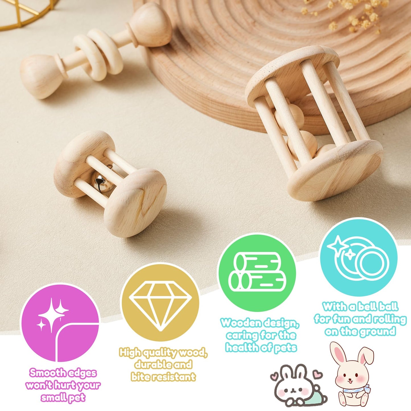 AOWPFVV 3 Pcs Wooden Bunny Toys - Safe Rabbit & Guinea Pigs Teeth Grinding Toys for Chinchillas, Hamsters & Small Animals - Indoor & Outdoor