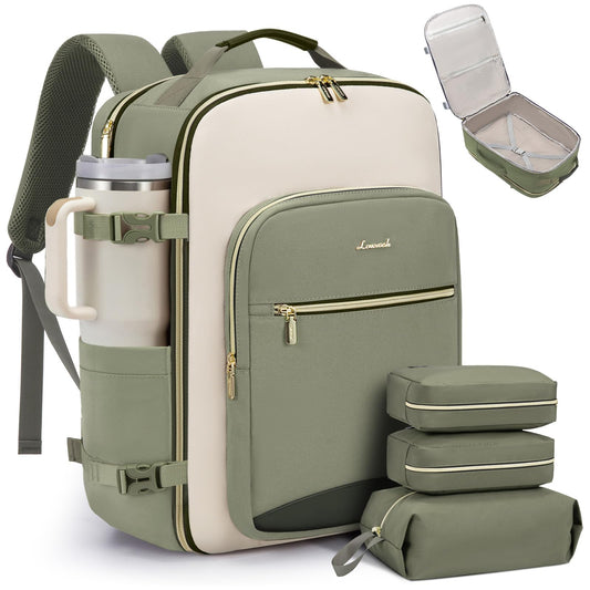 LOVEVOOK Mochila de viaje de 40 L para mujeres y hombres, equipaje de mano aprobado por aerolíneas con 3 cubos de embalaje, bolsas de noche TSA, bolsa impermeable para artículos personales