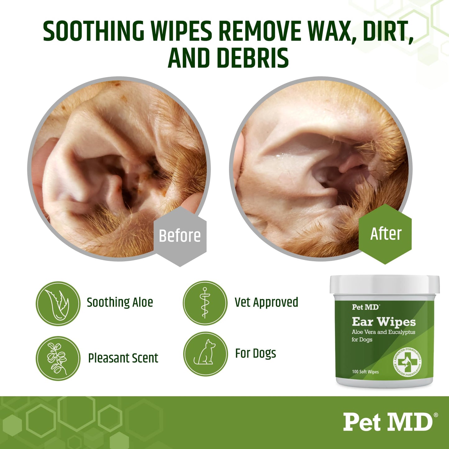 Limpiador ótico Pet MD para perros, para detener picores, infecciones y ácaros, con aloe y eucalipto, 100 unidades