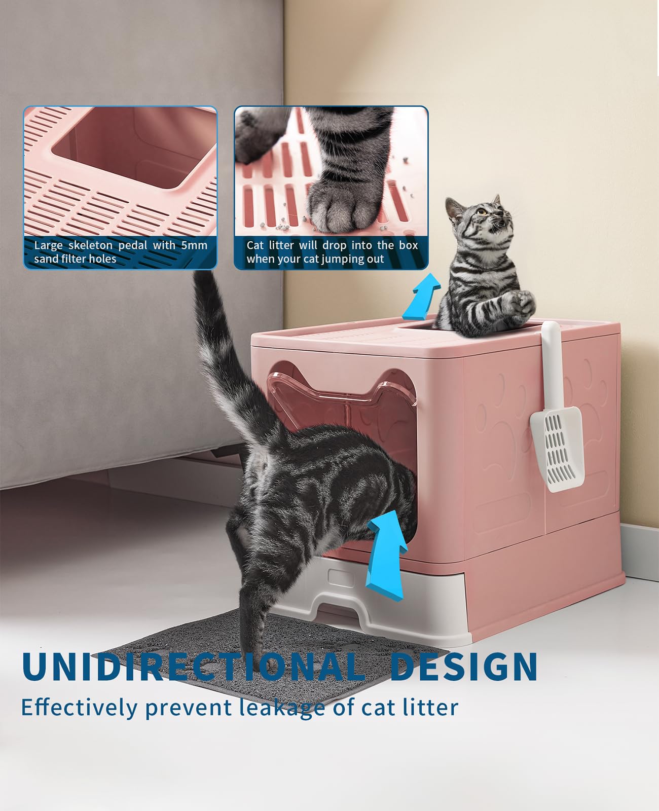 Medario Cat Litter Box with Litter Mat and Scoop, Large Foldable Litter Box with Lid, Front Entry Top Exit Kitty Box, Odor Control, Easy to Clean (Pink)