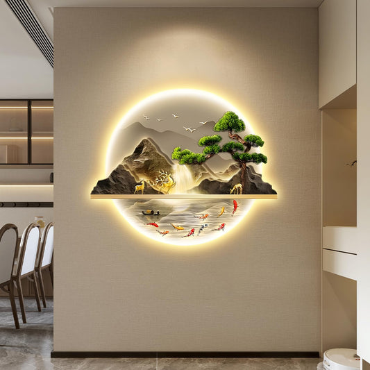 Arte de pared LED Zen, decoración de pintura de pared de peces con luz LED, arte de decoración de pared de pino acogedor, decoración de pared de paisaje 3D, para sala de estar, dormitorio