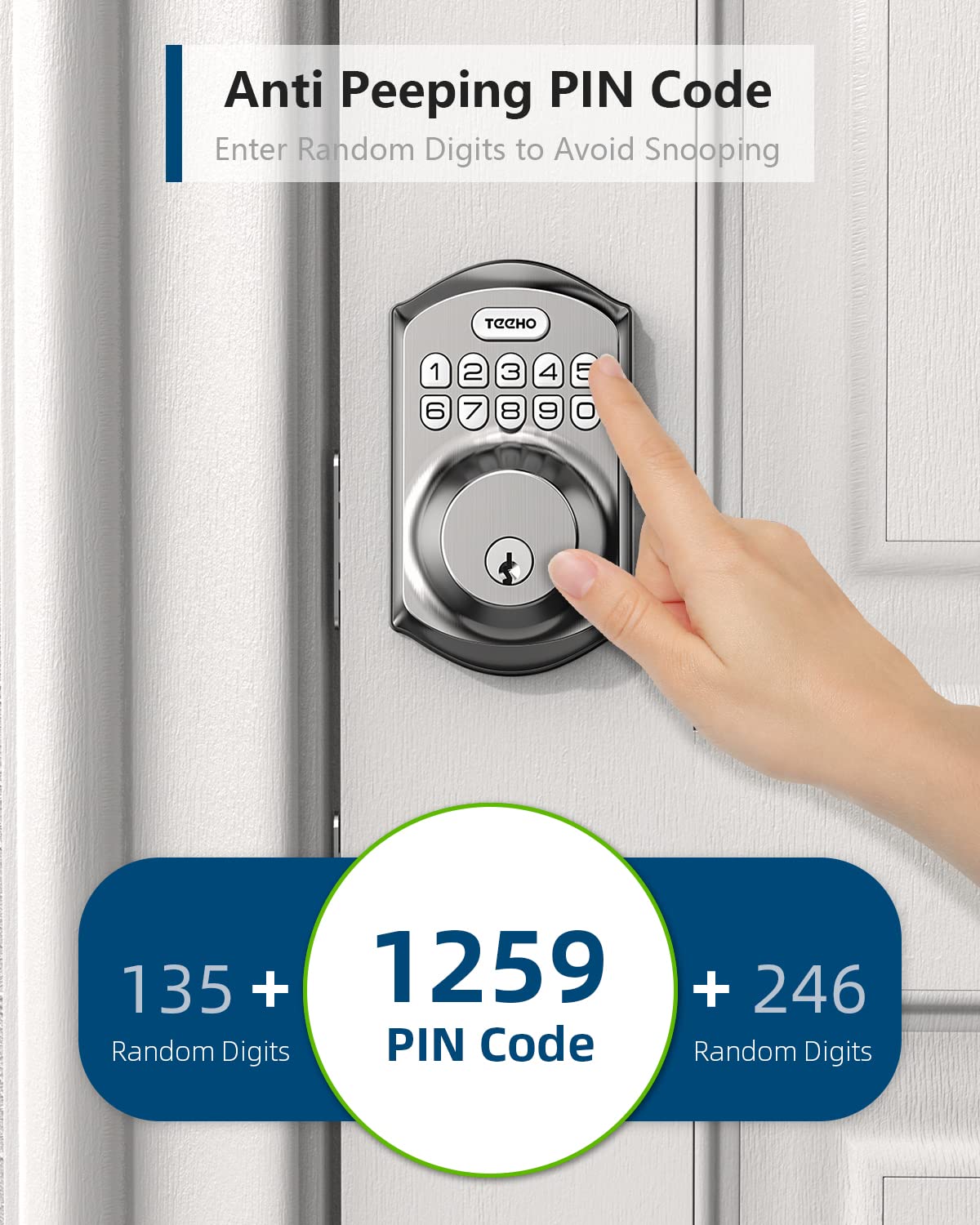 TEEHO TE001 - Cerradura inteligente para puerta de entrada, sin llave, con teclado, con 2 llaves, bloqueo automático, de fácil instalación, color níquel satinado
