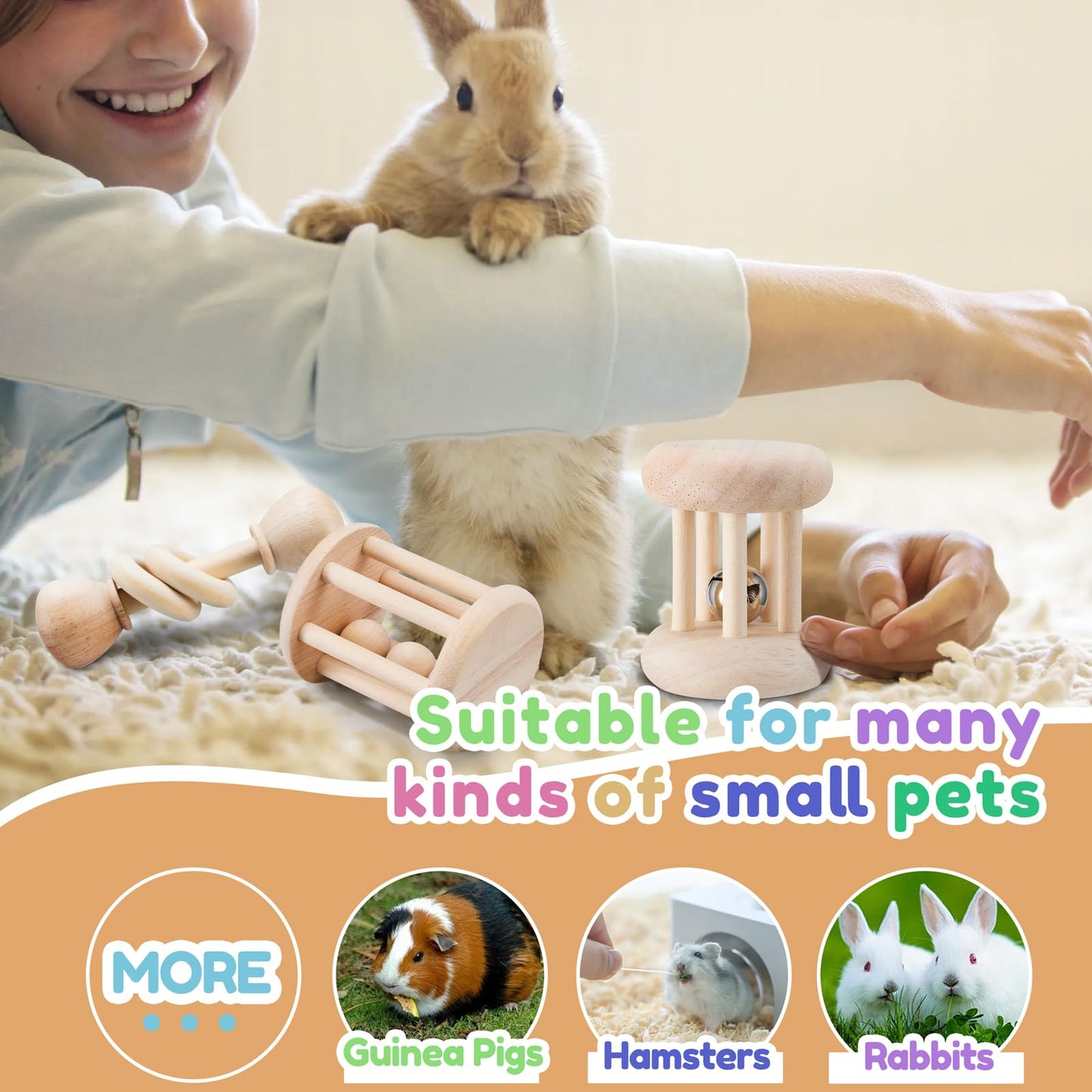 AOWPFVV 3 Pcs Wooden Bunny Toys - Safe Rabbit & Guinea Pigs Teeth Grinding Toys for Chinchillas, Hamsters & Small Animals - Indoor & Outdoor