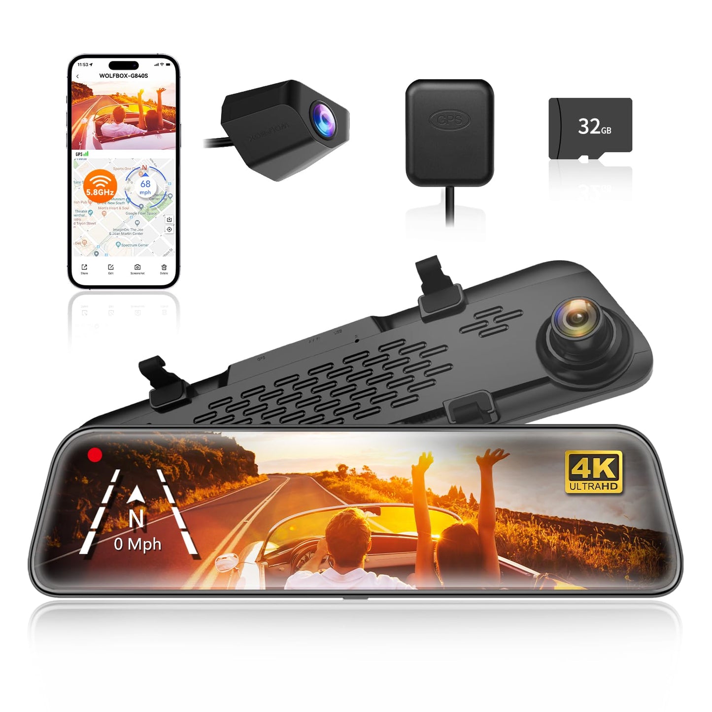 WOLFBOX G840S - Cámara de respaldo con espejo 4K de 12 pulgadas, espejo retrovisor inteligente WiFi de 5.8 GHz para automóviles y camiones, cámaras duales de visión frontal y trasera, visión nocturna