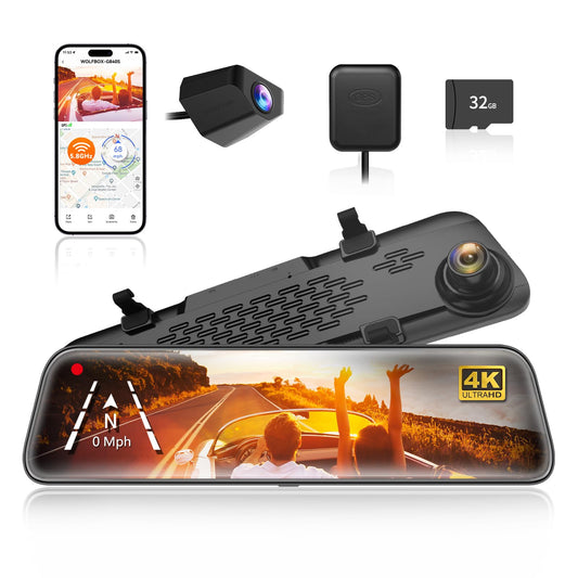 WOLFBOX G840S - Cámara de respaldo con espejo 4K de 12 pulgadas, espejo retrovisor inteligente WiFi de 5.8 GHz para automóviles y camiones, cámaras duales de visión frontal y trasera, visión nocturna