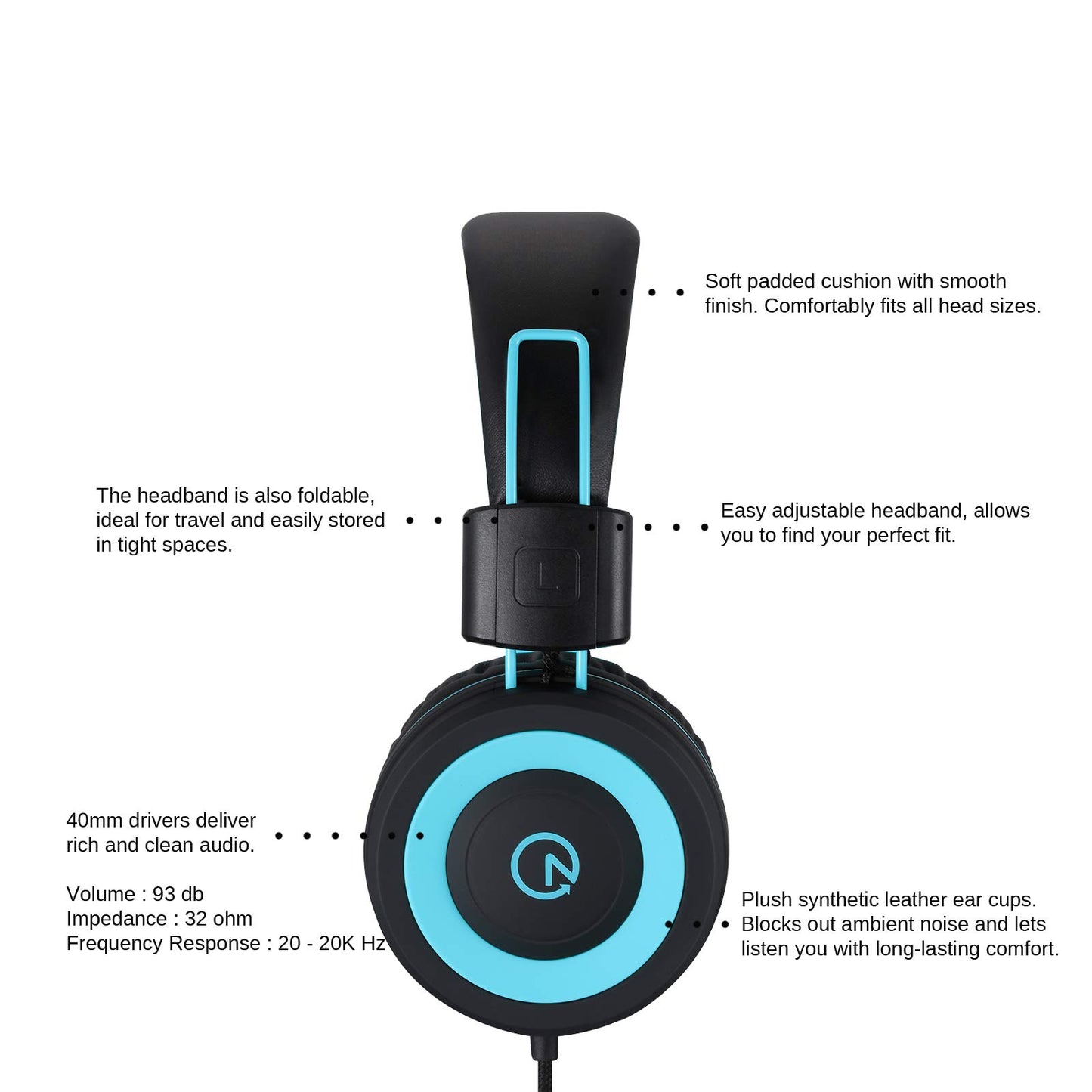 noot products Auriculares para niños K11 plegables estéreo sin enredos de 5 pies de largo cable de 0.138 in Jack Plug in Ear Auriculares con cable para iPad/Amazon Kindle, fuego/niñas/escuela/portátil/viajes/avión/tableta (negro)