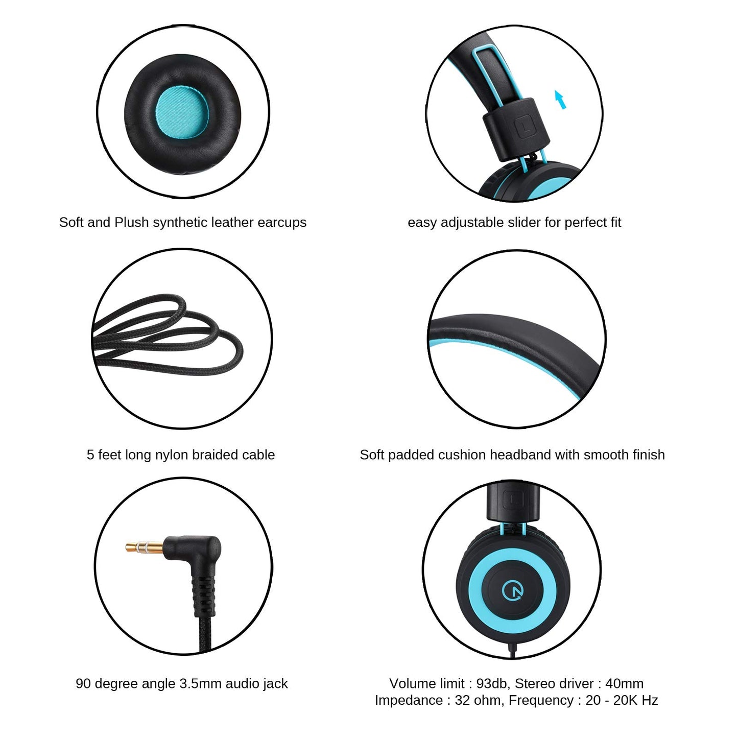 noot products Auriculares para niños K11 plegables estéreo sin enredos de 5 pies de largo cable de 0.138 in Jack Plug in Ear Auriculares con cable para iPad/Amazon Kindle, fuego/niñas/escuela/portátil/viajes/avión/tableta (negro)