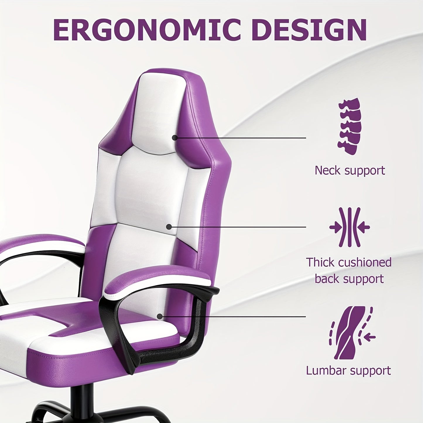 Ergonomic Gaming Chair, PU Leather Video Game Chairs for Adults, Reclining Gamer Chair Office Chair, Comfortable Computer Chair for Heavy People, Purple and White