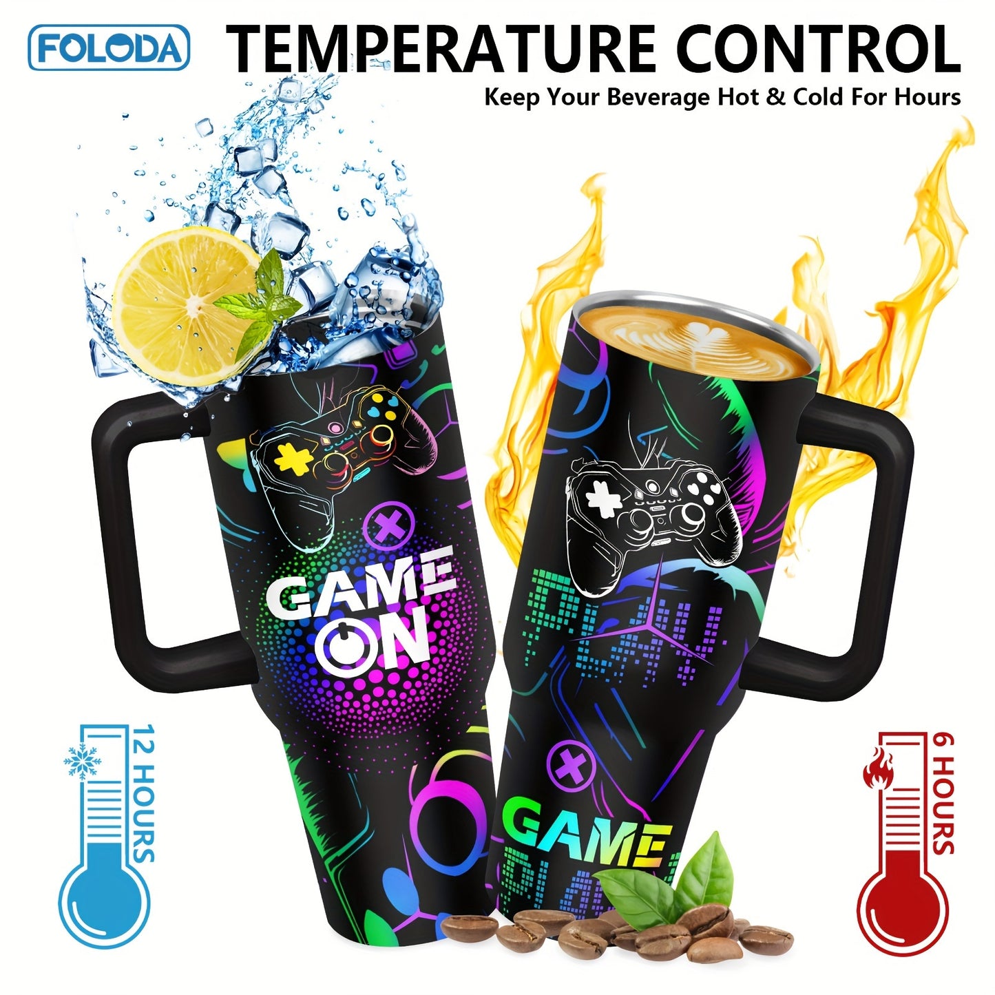 Foloda 40oz Stainless Steel Gaming Tumbler - Perfect Gamer Gift for Men & Boys, Includes Handle, Lid & Straw - Ideal for Outdoor Camping, Travel, Birthday & Christmas