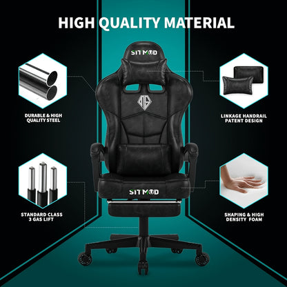 SITMOD Gaming Chair, Big And Tall Gaming Chair with Footrest, Ergonomic Video Computer Chair with Headrest Lumbar Support, 360° Swivel PU Leather Height Adjustment Office Gamer Chair for Adult gaming pc