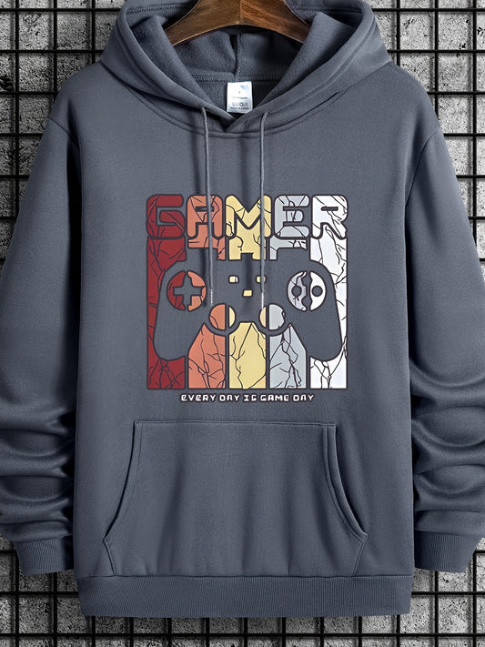 [Retro Gamer Hoodie] Cozy Brown Men's Retro Gamer Hoodie - Long Sleeve Sweatshirt with Drawstring Hood, Video Game Print, Fall/Winter Casual Wear