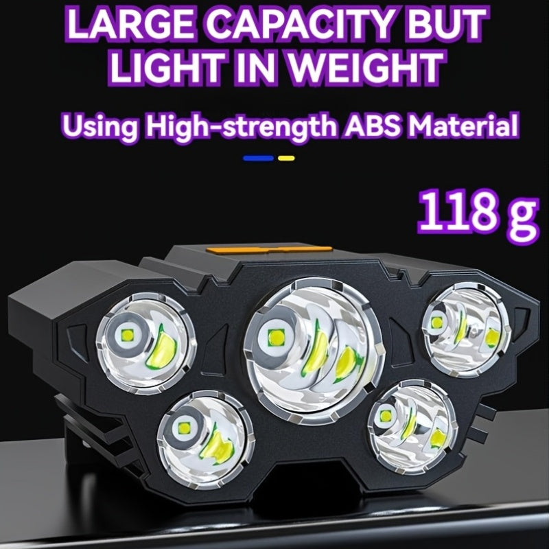 Buy 1 Get 1 Free, Total Of 2pcs Multifunctional 5LED Headlight Head Mounted Flashlight Outdoor USB Charging Fishing Headlight Strong Bald Head Light 4-Mode Headlight Flashlight, Used For Outdoor Running, Hunting, Hiking, Camp