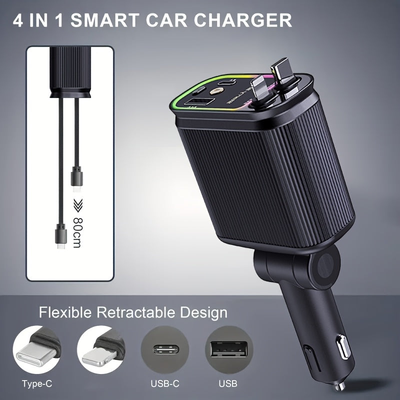 [Dual 80cm Long Retractable Car Charger] Starry Sky Top Fast Car Charger(Black) - Purple Light, 4-in-1 Retractable Charger, Dual 80cm/31 Inch Long Retractable Cable Car Charger, Car Plug Adapter with RGB Light Effect, 2 USB P