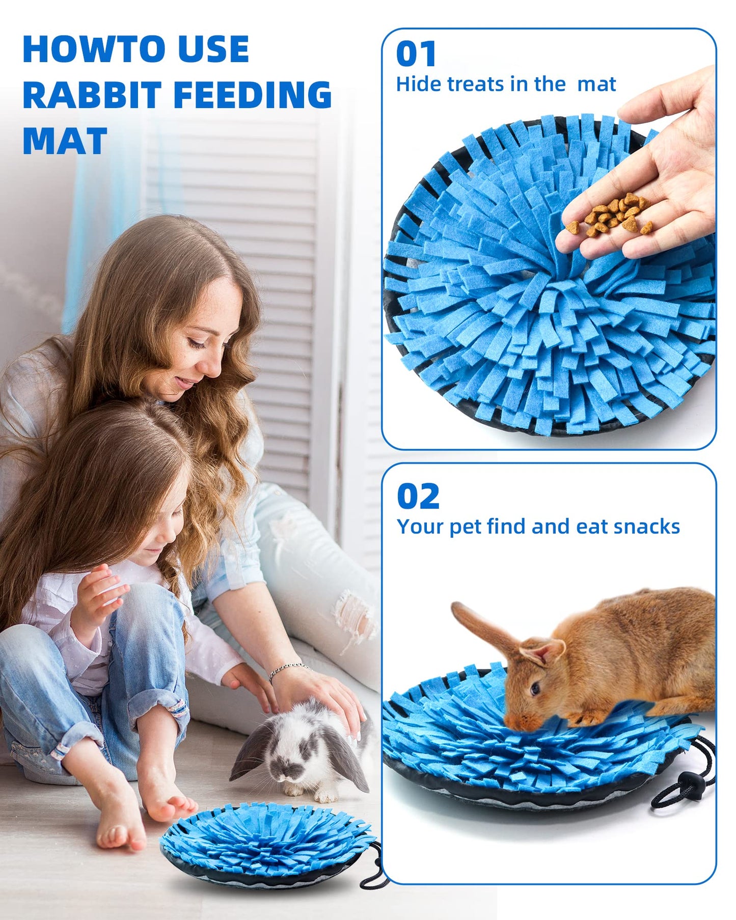 Rabbit Foraging Mat, Interactive Feed Game for Boredom, Small Pet Puzzle Toy, OVMKOV 9.44" x 9.44" Polar Fleece Snuffle Pad Bed Nosework Feeding Mat for Bunny Hamster Guinea Pigs Ferrets Chinchillas