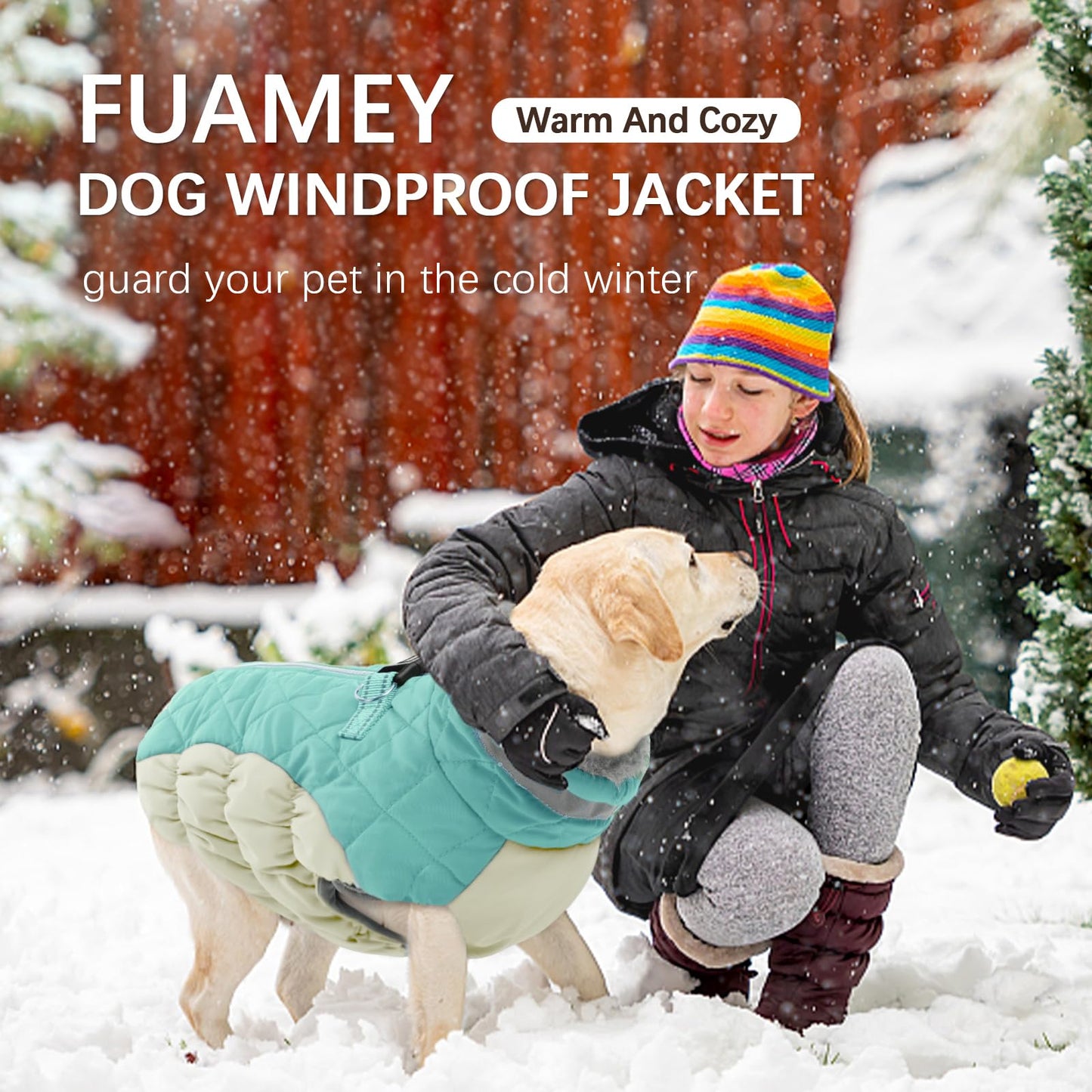 FUAMEY Dog Coat for Large Dogs,Waterproof Dog Winter Jacket with Harness Built in Puppy Cold Weather Coats Reflective Pet Vest with Zipper Warm Fleece Dogs Snowsuit Windproof Mint Green XXXL