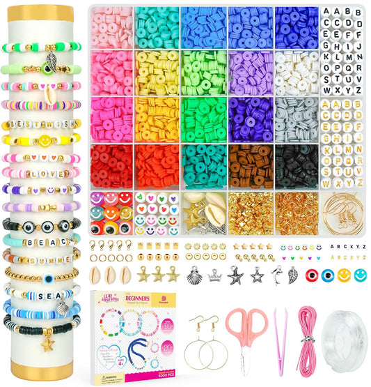 Dowsabel Kit de fabricación de pulseras de cuentas de arcilla para principiantes, 5000 piezas de cuentas de arcilla polimérica con dijes para hacer joyas, manualidades y manualidades